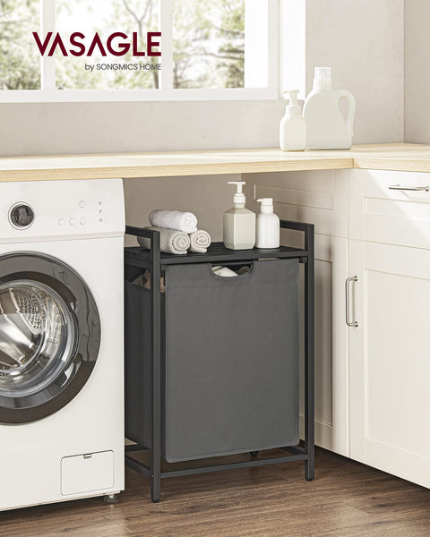 VASAGLE Laundry Basket, Laundry Hamper, Pull-Out and Removable Liner Bag, Shelf, Metal Frame, 65 L, 50 x 33 x 72 cm, Ink Black and Rustic Brown BLH101B01