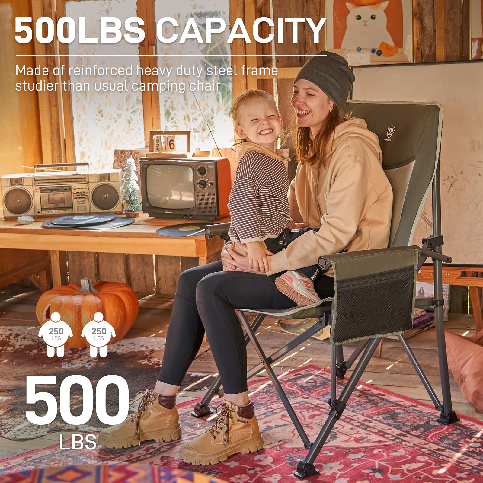 EVER ADVANCED Camping Chair for Adults Oversized 230KG, Folding Chair for Heavy People with Side Pocket, Heavy Duty Extra Wide with Hard Armrest Foldable Garden Fishing Outdoor Fold up