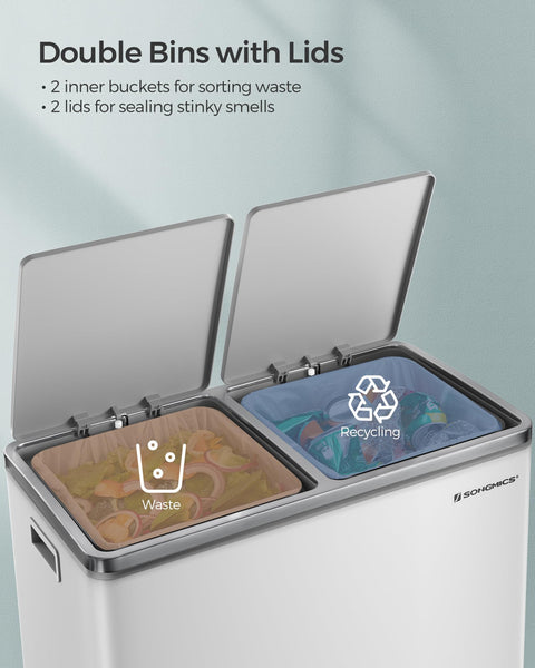 SONGMICS Dual Rubbish Bin, 2 x 30 L Recycling Bin with 15 Rubbish Bags, 2-Compartment Metal Pedal Bin with Lids and Plastic Inner Buckets, Soft Closure, Slate Grey LTB060G01