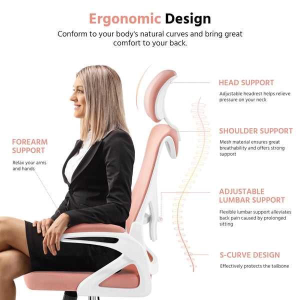 Yaheetech High Back Home Office Chair Ergonomic Swivel Desk Chair with Arms and Height Adjustable Back Support for Home Study or Manager Work White/Pink