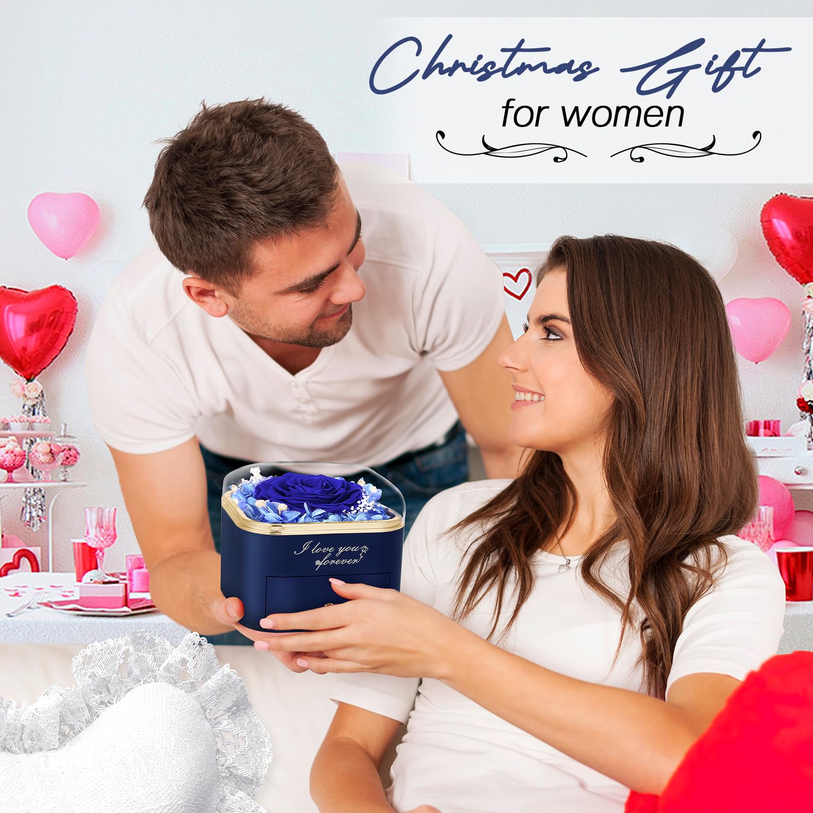 Firestyle Preserved Blue Real Rose with I Love You Necklace in 100 Languages-Eternal Flowers Rose Gifts for Her Women Mum Wife Girlfriend on Christmas