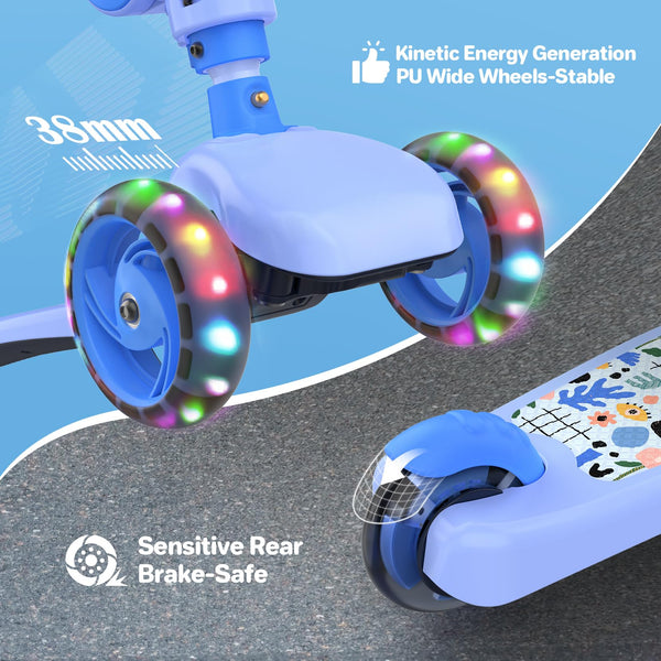 3 Wheel Scooter for Kids Girls Toddler Boys, TONBUX Kids Scooter With Big Wheels, Flashing LED Lights, 4 Levels Height Adjustable, Wide Deck, Foldable