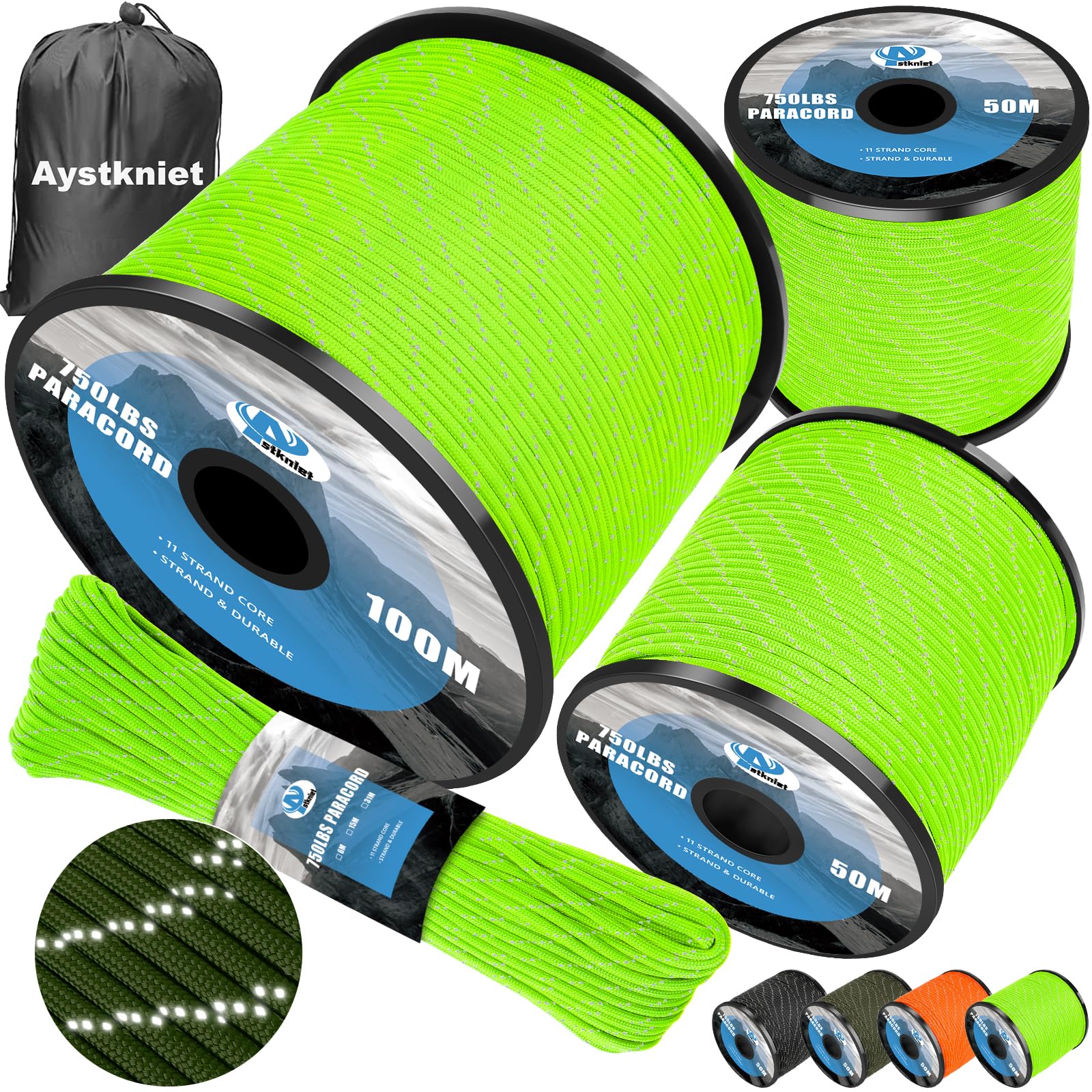Aystkniet 750LB Paracord Rope, 11 Strands Parachute Cord 50M / 164FT, 4mm Reflective Tactical Rope | Ideal for Paracord Bracelet Kit, DIY, Crafting, Camping, Survival, Outdoor and Home Improvement