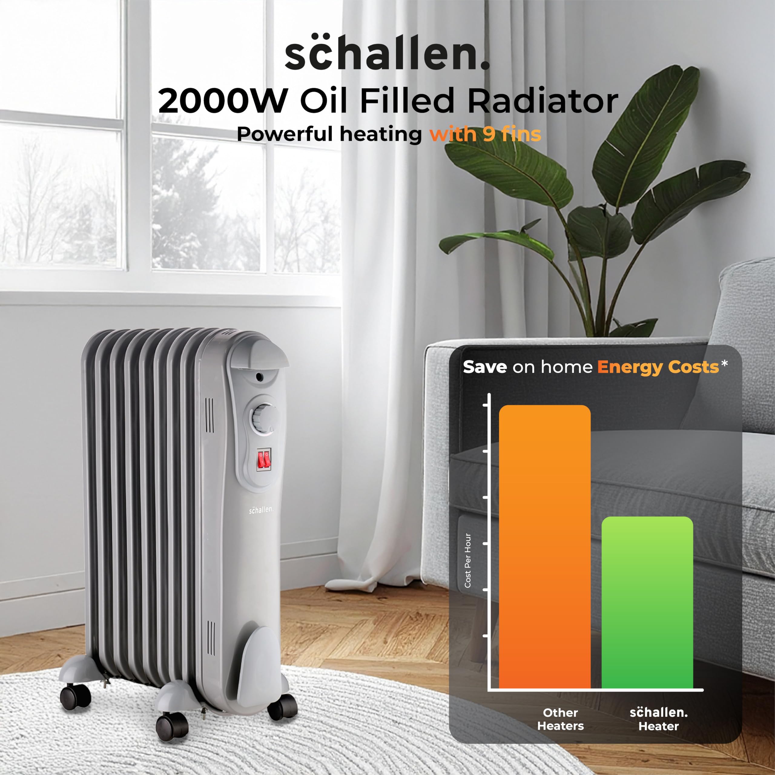 Schallen 1500W 7 Fin Portable Electric Slim Oil Filled Radiator Heater with Adjustable Temperature Thermostat, 3 Heat Settings & Safety Cut Off | 1.5Kw GREY