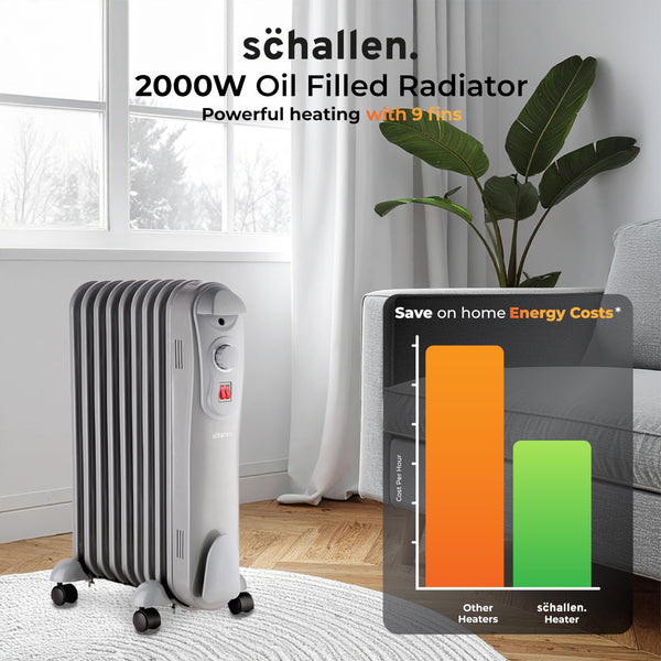 Schallen 1500W 7 Fin Portable Electric Slim Oil Filled Radiator Heater with Adjustable Temperature Thermostat, 3 Heat Settings & Safety Cut Off | 1.5Kw GREY
