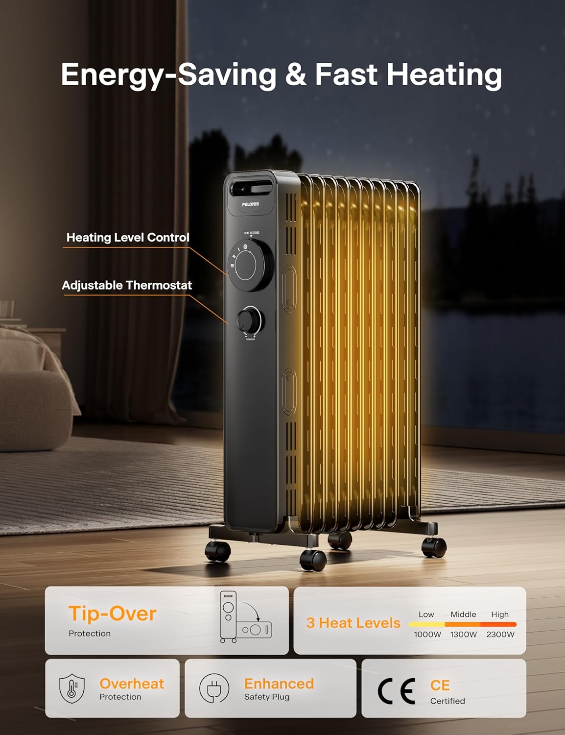PELONIS Oil Filled Radiator with Adjustable Thermostat, Electric radiator with 3 Heat Settings, Adjustable Thermostat, Tip-Over & Overheat Protection, 11 Fin - Energy Efficient - 2.3kW 215ft²
