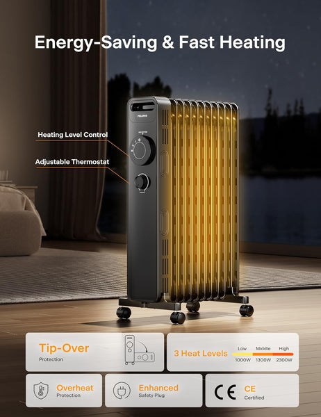 PELONIS Oil Filled Radiator with Adjustable Thermostat, Electric radiator with 3 Heat Settings, Adjustable Thermostat, Tip-Over & Overheat Protection, 11 Fin - Energy Efficient - 2.3kW 215ft²