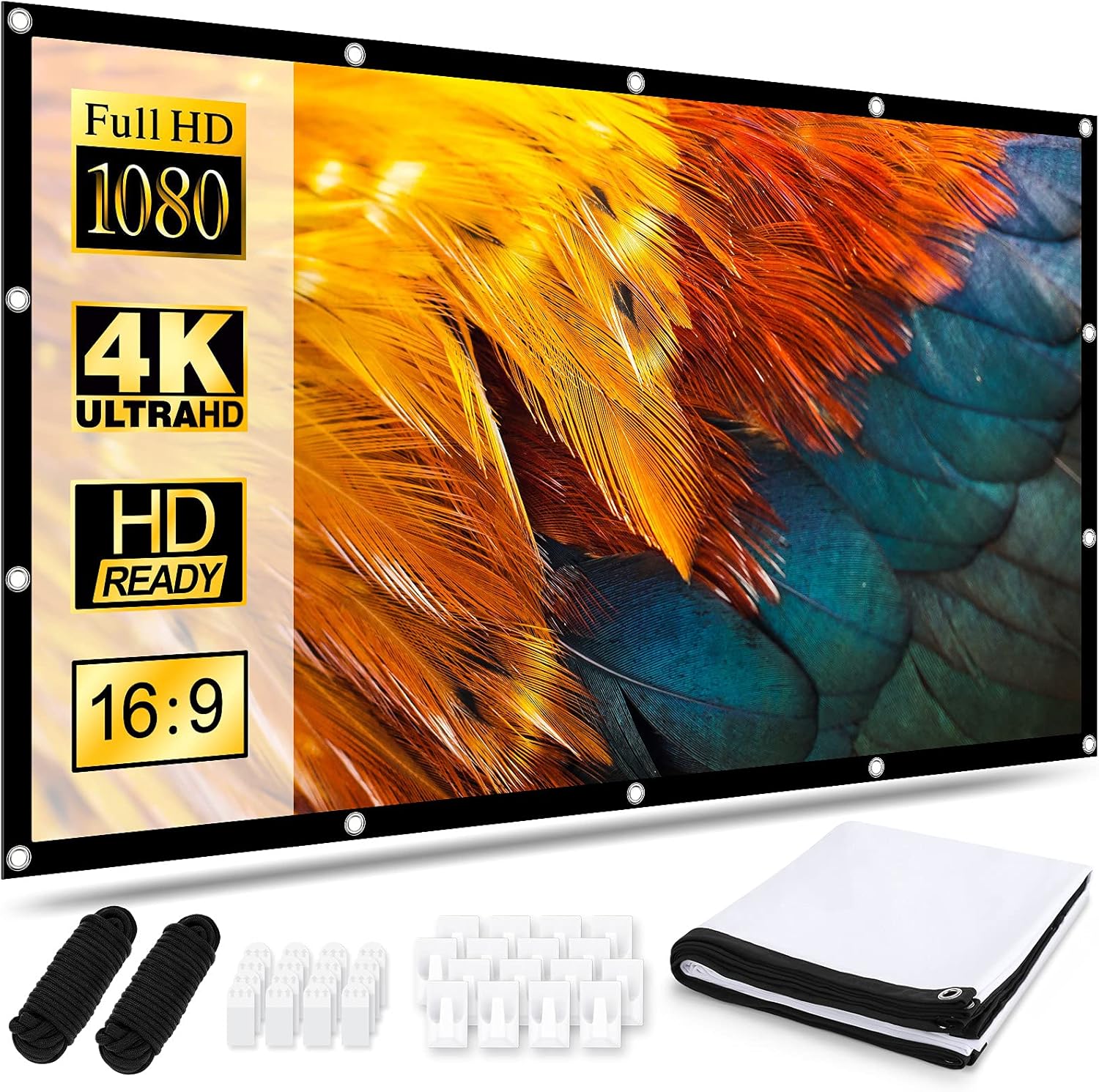 Projector Screen 120 Inch, Portable Movie Screen 16:9 HD 4K Foldable Anti-Crease Projection Screen, Cinema Screen Support Double-Sided Projection for Home Theater Cinema Indoor Outdoor Backyard Party