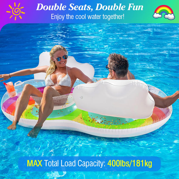 MoKo Pool Floats Adult, Floating Bed with Ice Bar, Tanning Bed Pool Raft Inflatable Lounger with Drink Holder Tanning Chair Inflatable Pool Toys for Party Beach Backyard