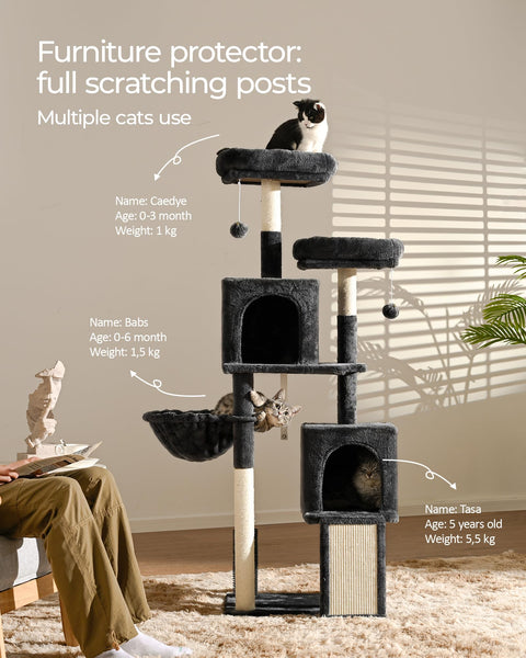 FourFurPets 156 cm Cat Scratching Post Kitty Tower Kitten Condo for Indoor Cats with Scratching Posts, Condos, Ladders, Soft Perches, Hanging Toy Cat