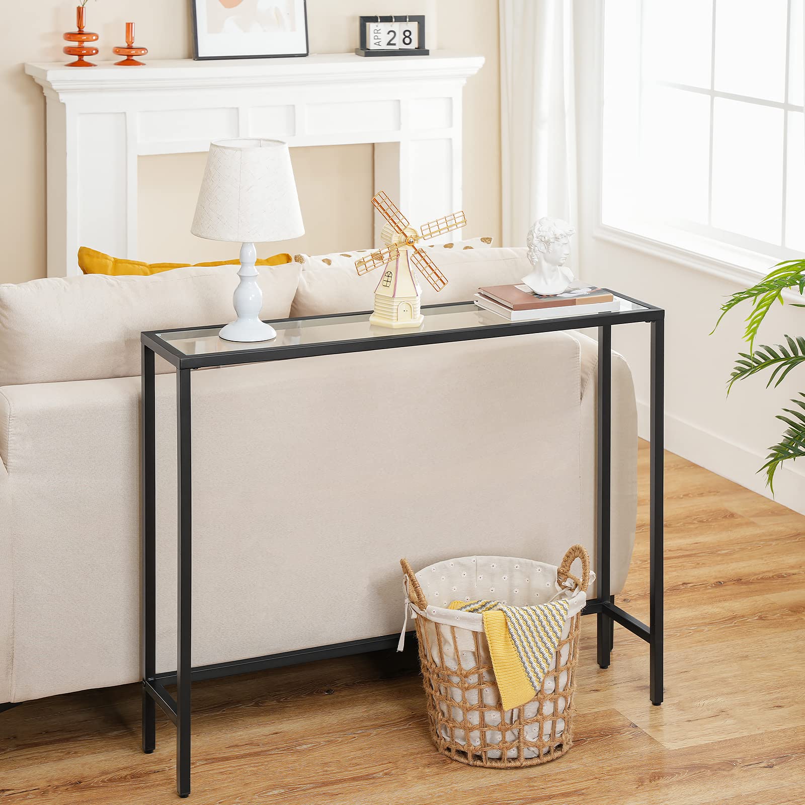 HOOBRO Black Console Table, Tempered Glass Sofa Table, Slim Hallway Table, Glass Console Table, 100 x 22 x 80 cm, Modern Display Table for Living