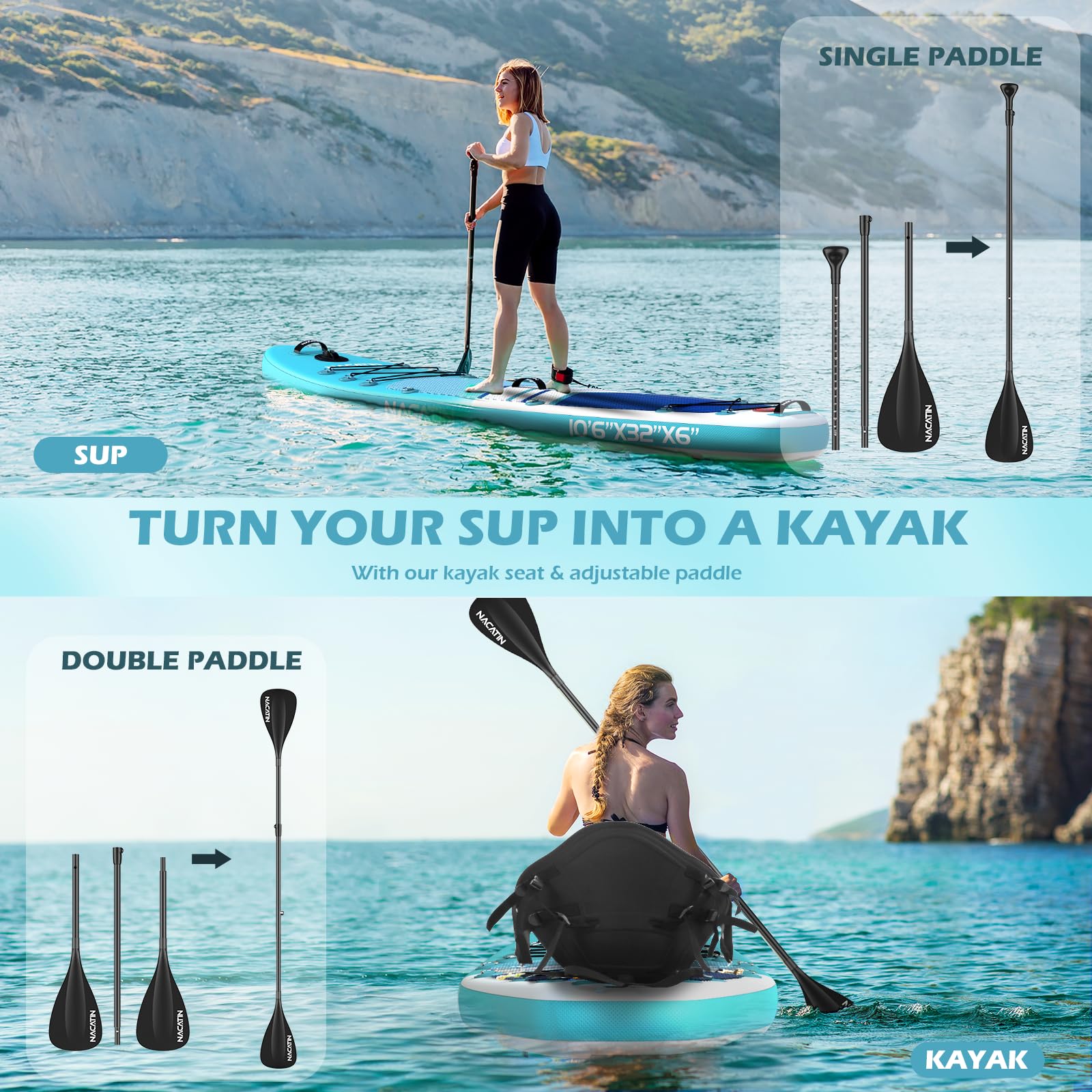 Paddle Boards for Adults, NACATIN Inflatable Stand Up Paddle Board with 10'6" SUP Paddleboard, Adjustable Paddle, Pump, Backpack, Dry Bag, Ideal for All Skill Levels (Optional Kayak Seat Available)