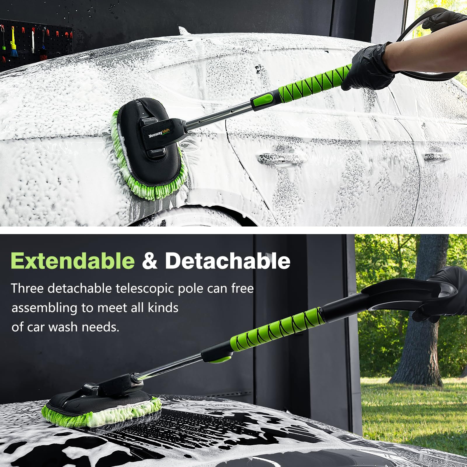 YeewayVeh Car Wash Brush, 43" Extendable Car Wash Brush Mop with Long Handle, 15 Degree Curved Soft Car Cleaning Brush kit with Extra Microfiber Brush Head for Truck SUV Cleaning, Orange