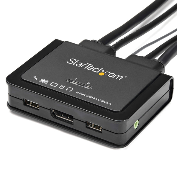 StarTech.com 2-Port Dual-Monitor DisplayPort Cable KVM Switch, 4K 60Hz, Compact KVM with 5ft/1.5m USB-A/DisplayPort/Audio Integrated Cables, Bus Powered, Remote/Hotkey Switching (C2-DD46-UA2-CBL-KVM)