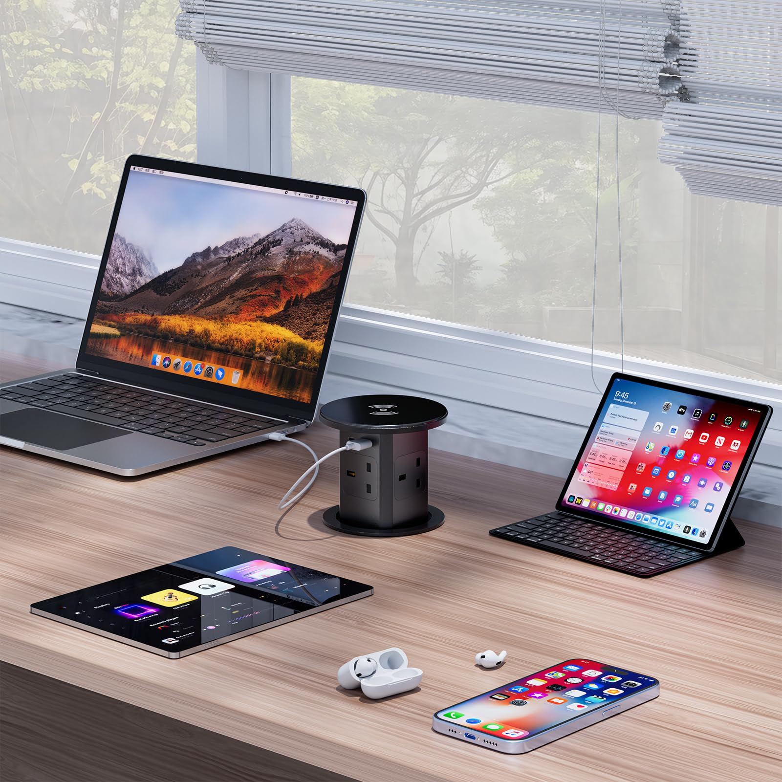 Pop up Socket, Pop up Sockets for Kitchen Worktops Automatic Pop up Power Outlet with 15W Wireless Charger, 7 in 1 Pop up Outlet for Desk Countertops, 4 * AC Outlet, 1 * USB-A, 1 * USB C