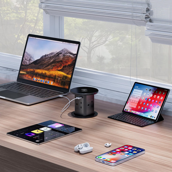 Pop up Socket, Pop up Sockets for Kitchen Worktops Automatic Pop up Power Outlet with 15W Wireless Charger, 7 in 1 Pop up Outlet for Desk Countertops, 4 * AC Outlet, 1 * USB-A, 1 * USB C