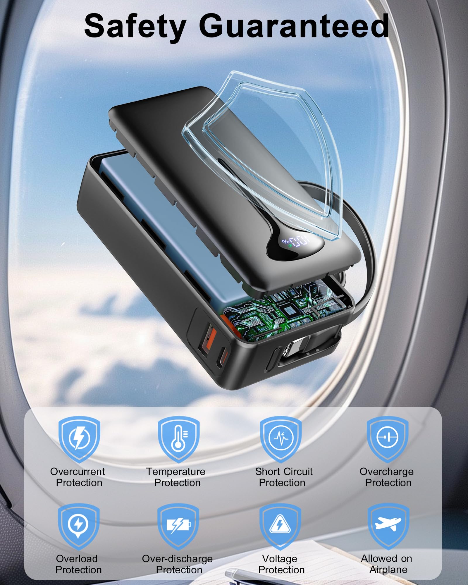 Power Bank Fast Charging, 22.5W Portable Charger 10000mAh, Small Battery Pack USB-C In & Out, Lightweight Powerbank with Built in Cable for iPhone 16/15/14/13/12, Samsung Galaxy, Xiaomi, Android etc