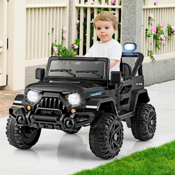 COSTWAY 12V Kids Ride on Car, 2 Motors Electric Off Road Truck with Remote Control, LED Lights, Music, Horn & Wireless Connection, Battery Powered Ride on Toy for Boys Girls (Black)