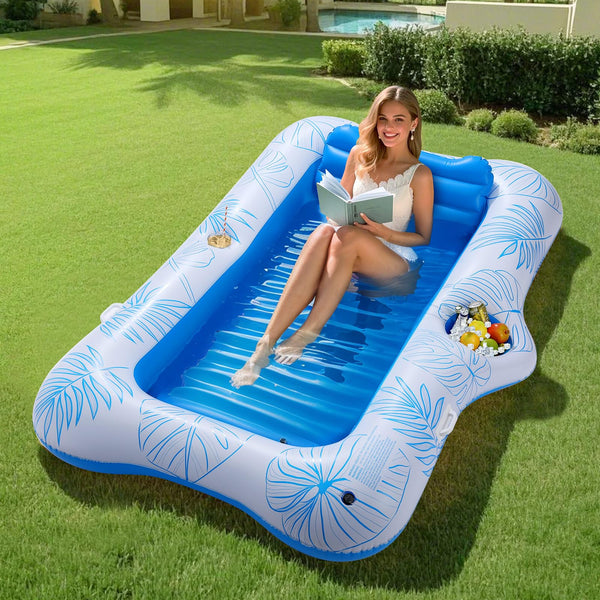 MoKo Pool Floats Adult, Floating Bed with Ice Bar, Tanning Bed Pool Raft Inflatable Lounger with Drink Holder Tanning Chair Inflatable Pool Toys for Party Beach Backyard