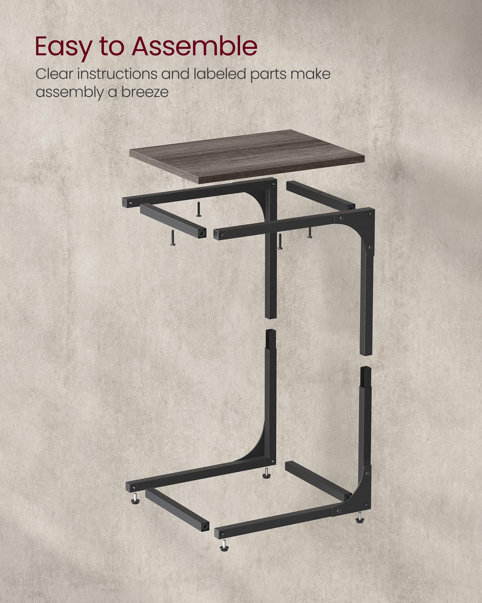 VASAGLE C-Shaped Side Table, Bedside Table, Sofa Side Table, Coffee Table, with Metal Frame, Industrial, for Living Room, Bedroom, Rustic Brown and Black LET350B01