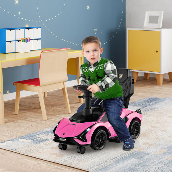 GYMAX 3 in 1 Kids Ride on Push Car, Licensed Lamborghini Push Along Car with Handle, Guardrails, USB Port, Music & Lights, Underneath Storage, Toddler Sliding Toy for 18-60 Months Boys Girls (Black)