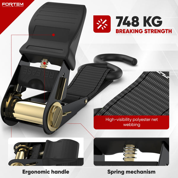 FORTEM Ratchet Straps, 748kg Break Strength, 4 Pack 4.6m x 2.54cm Tie Down Strap Set, 4 Soft Loops, Motorcycle Straps Tie Downs, Cargo Cam Buckles, Rubber Handles, Carry Bag
