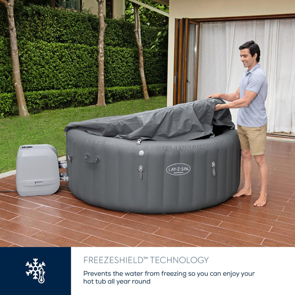 Lay-Z-Spa Santorini Pro Built in LED Light, 10 HydroJet System, Integrated Seats and Foot Massager Inflatable Hot Tub with Freeze Shield Technology, 5-7 Person, Grey