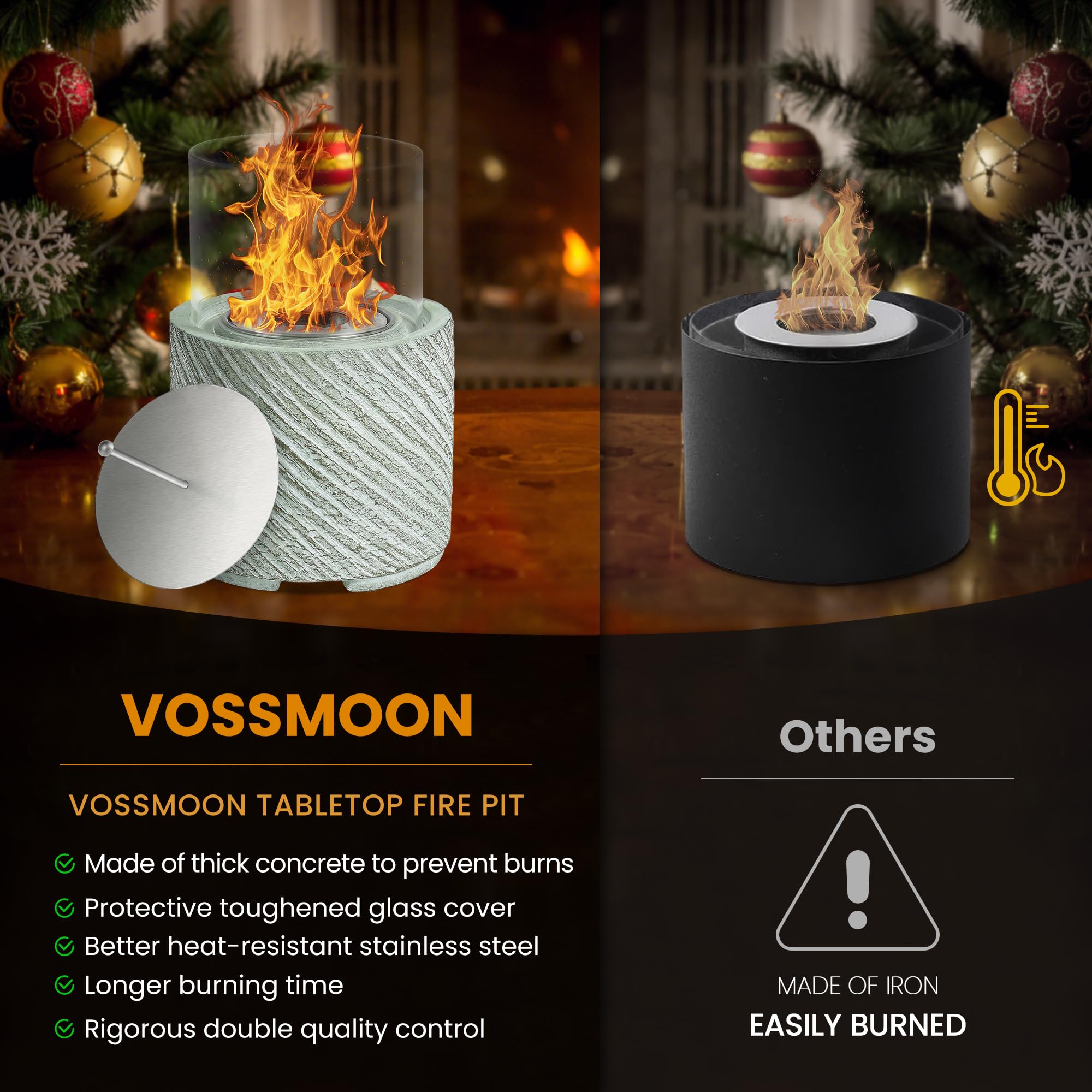VOSSMOON Tabletop Fire Pit, Bioethanol Table Top Fire Bowl, Portable Round Fireplace indoor or Outdoor, Concrete Table Top Patio Heater Ethanol Burner with Tempered Glass for Potluck or Camping, Black