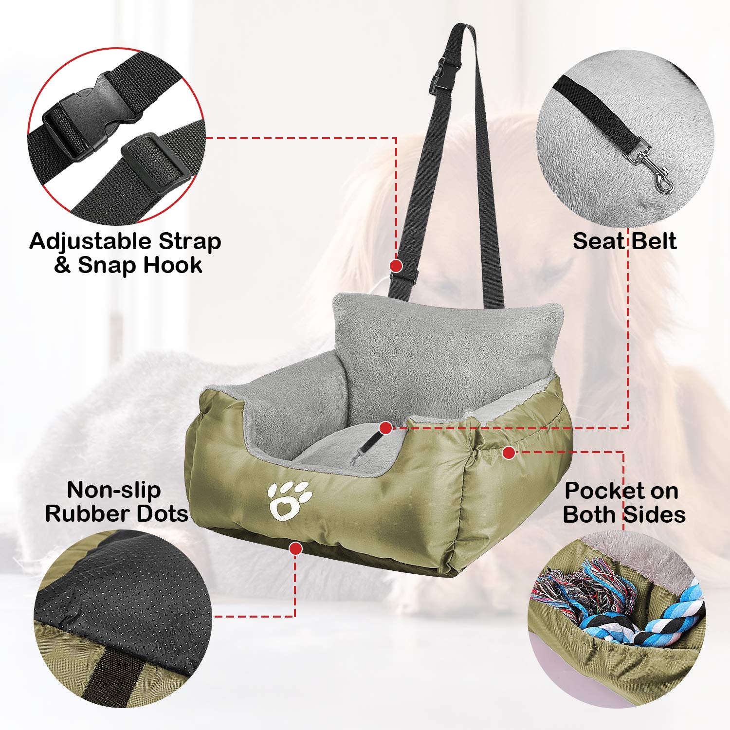 GoFirst Dog Car Seat for Small Dogs or Cats, Pet Booster Seat Travel Car Bed with Storage Pocket and Clip-On Safety Leash, Waterproof Warm Plush Dog Car Safety Seats,Black