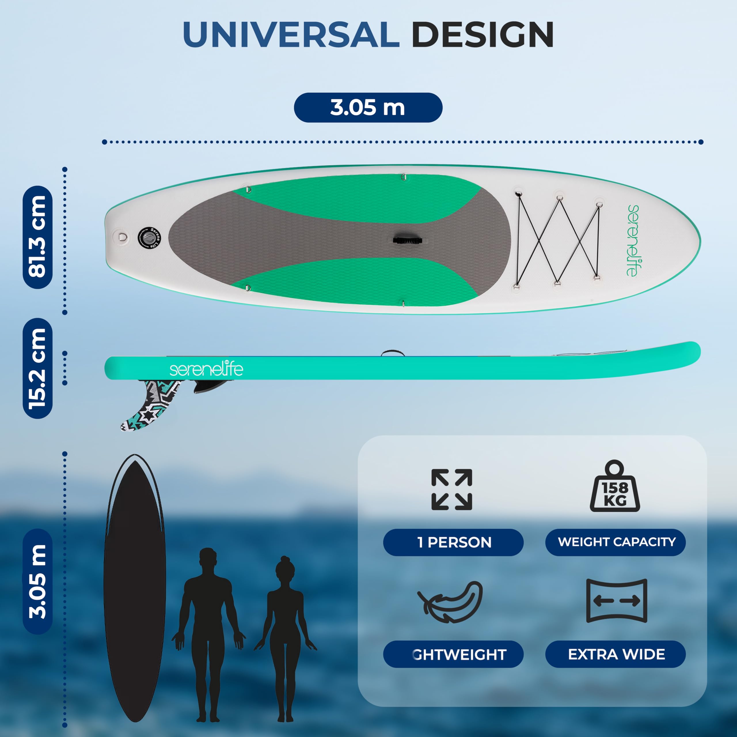 SereneLife Inflatable Stand Up Paddle Board, SUP Board- Paddleboards for Adults & Youth, Surfing Board Kit, 0.63cm Thick Standup Paddleboarding, Non-Slip Deck, Wide Stance, Surf Control w/Backpack