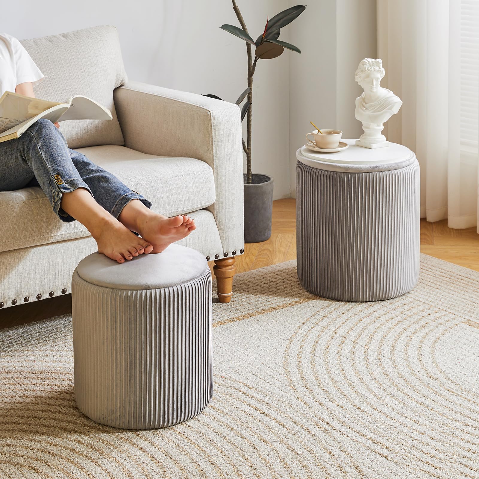 IBUYKE Set of 2 Round Ottoman with Storage, Velvet Vanity Stool for Makeup, Modern Padded Seat Coffee Table, Multipurpose Footrest Stool for Living