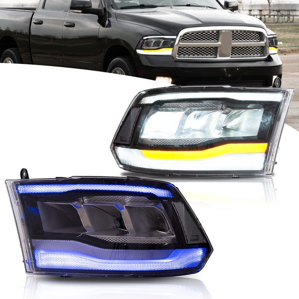 VLAND Motor LED Headlights compatible with RAM 1500 2500 3500 2009-2018 & RAM 1500 Classic 2019-2021, w/Startup dynamic display & Blue to white changing, Passenger & Driver Sides - Clear reflector