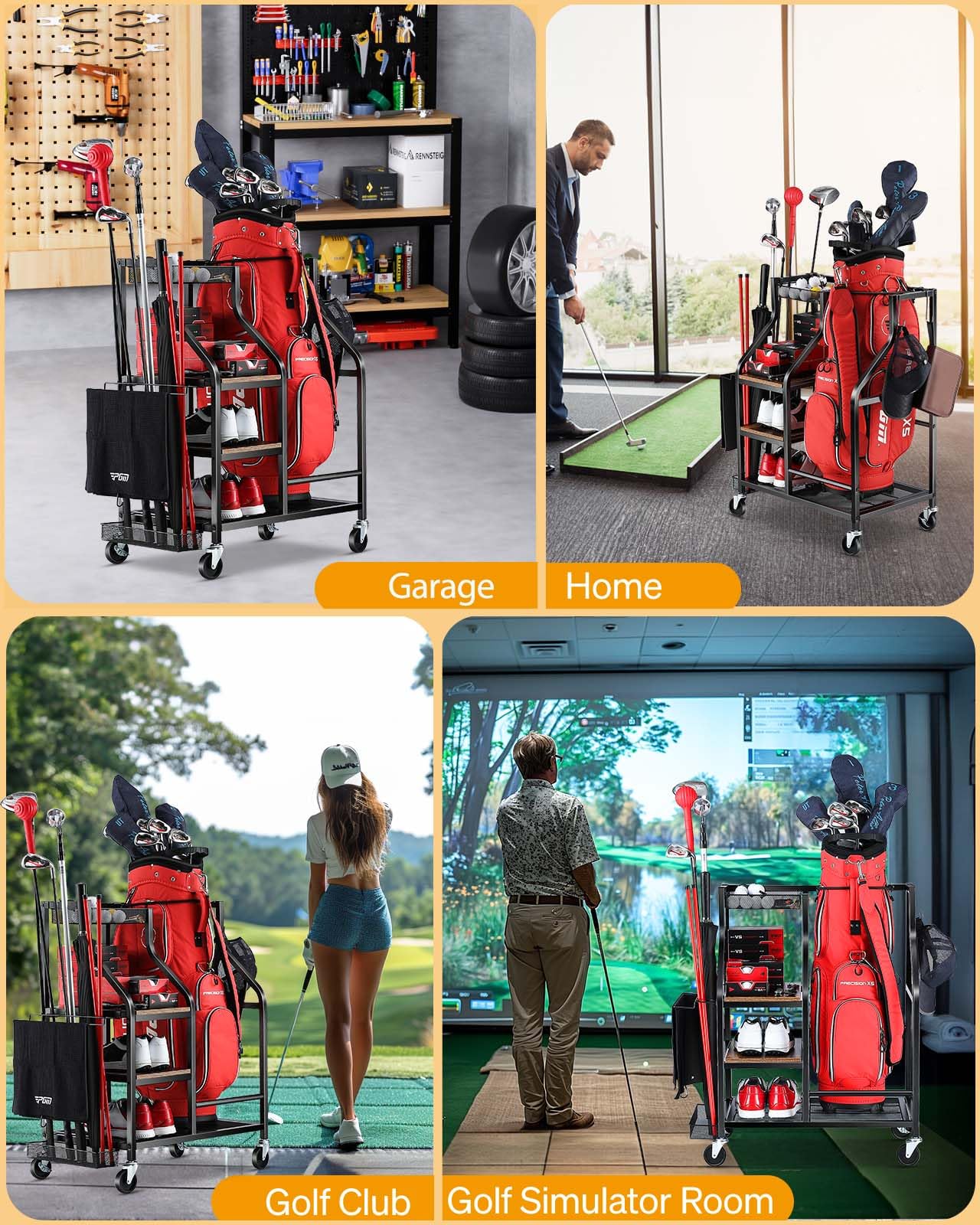 EXTCCT Golf Bags Storage Organizer- Single Golf Bag Stand for Golf Equipment Accessories, Golf Bag Storage Rack with Wheels, Golf Club, Golf Gear