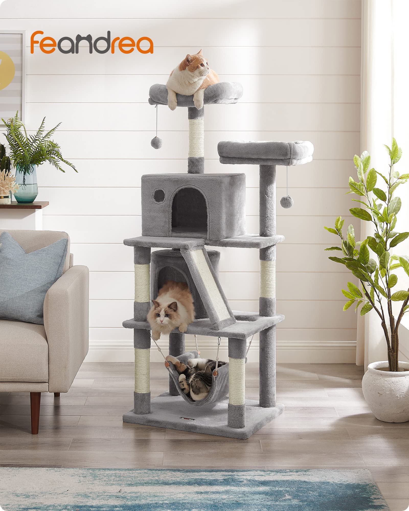 FEANDREA Cat Tree, Cat Condo with 2 Cat Caves, 155 cm, Light Grey PCT163W01