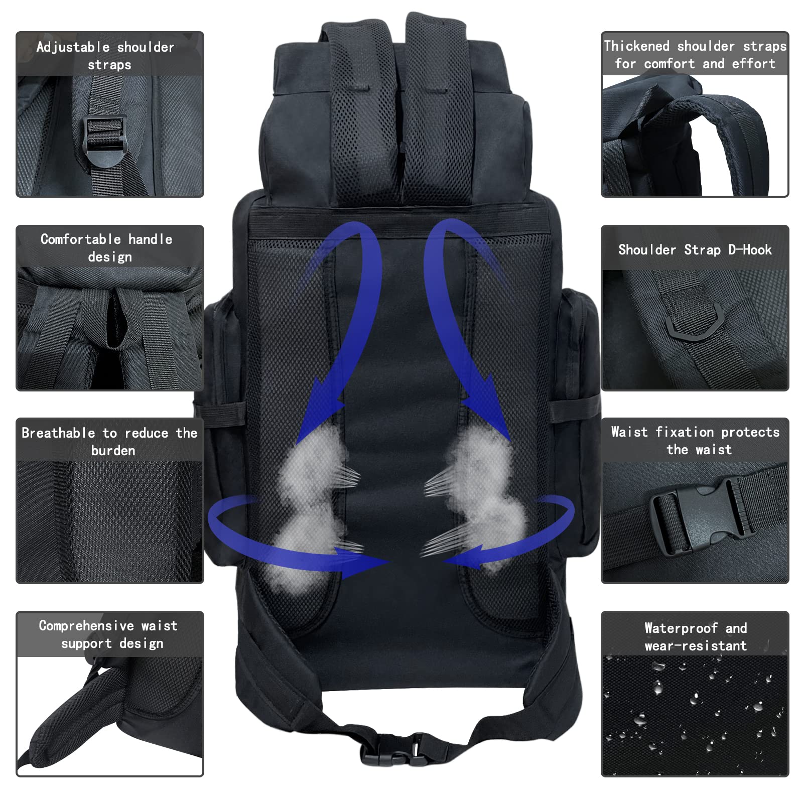 Ogetok 80L Hiking Backpack Camping Rucksack, 80 liters Large Capacity Outdoor Knapsack Travel Climbing Mountaineering Carry On Backpack Bag, Trekking Backpacking for Men Women, Black