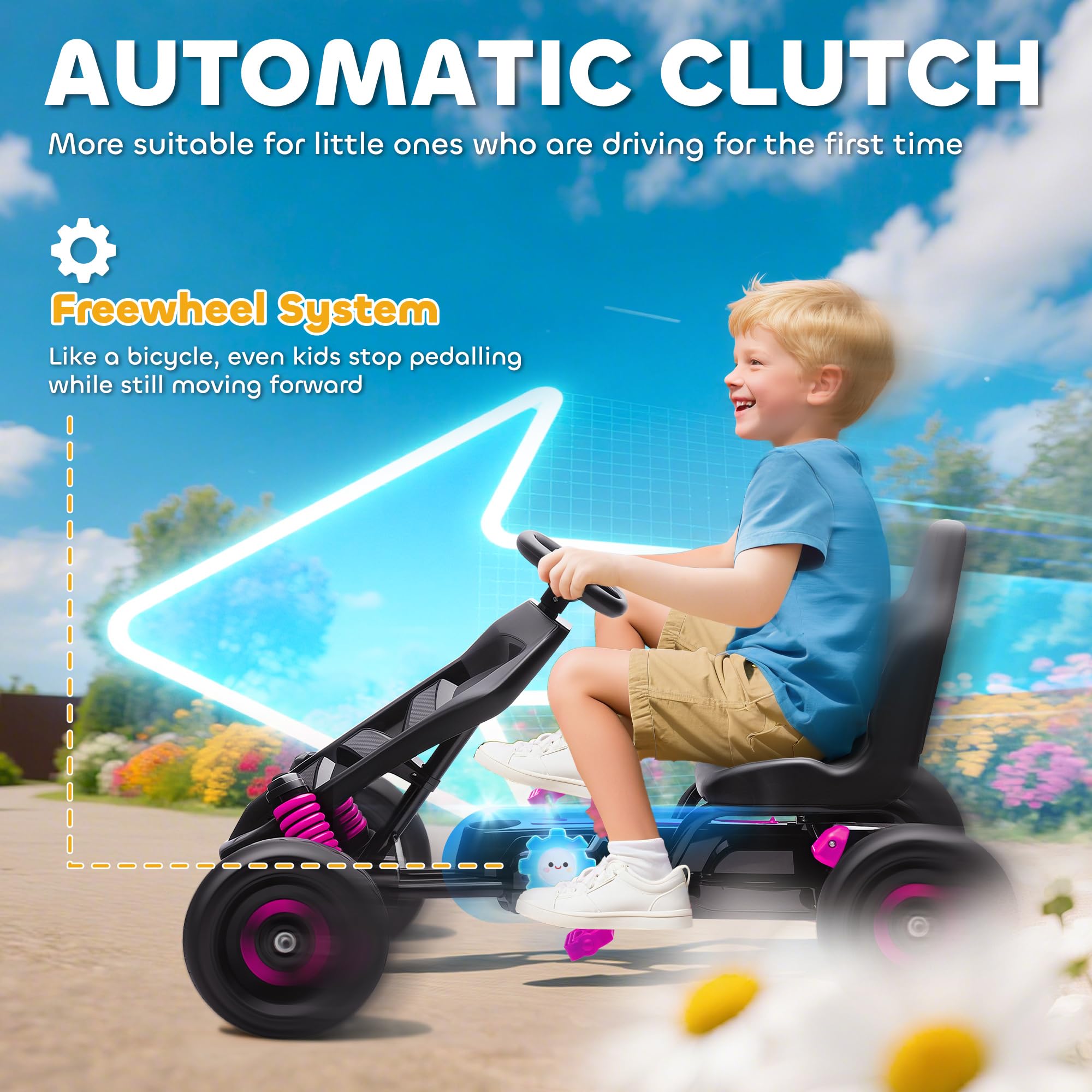 AIYAPLAY Pedal Go Kart, Ride on Racer with Freewheel System, Brake, Non-Slip EVA Wheels, Metal Frame, Go Kart for Kids Ages 3-6 Years, Pink