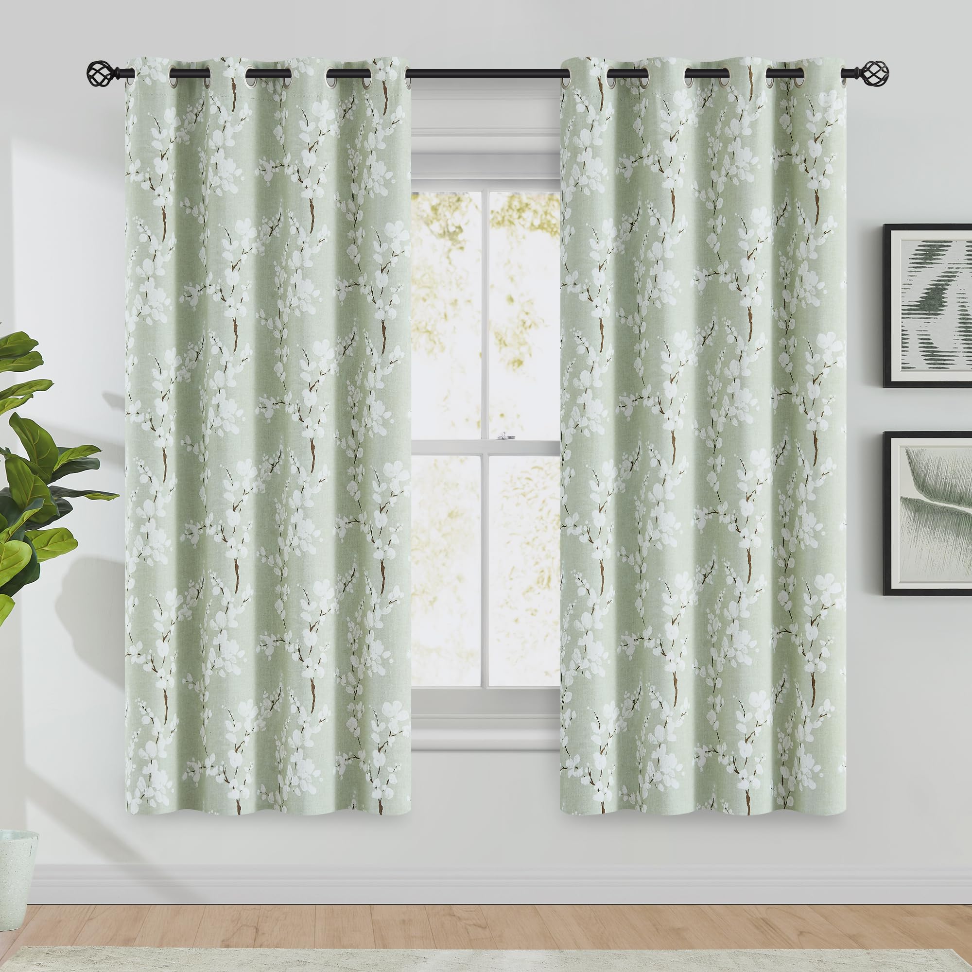 Fmfunctex Green Floral Blackout Curtains for Bedroom 72 inch Drop Eyelet Curtains for Living Room Nursary Blossom Thermal Insulated Window Curtain