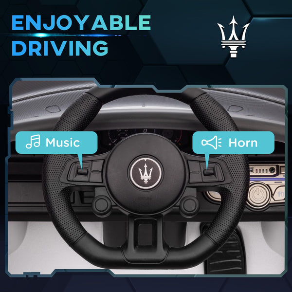 AIYAPLAY Maserati GT2 Licensed 12V Electric Car for Kids, Kids' Electric Ride on with Suspension System, Remote Control, USB, Music, Horn, Lights, Auxiliary Wheels, for Ages 3-5 Years, Grey