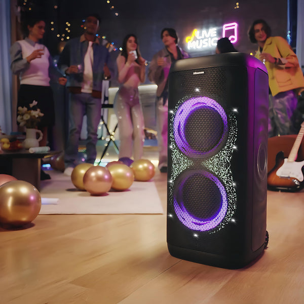 Hisense PARTY STORM, 300W Max Audio Power,15 Hrs long playtime,Karaoke Mode,Lighting effects, Wireless charge the phone, IPX4 Waterproof, Bluetooth 5.0