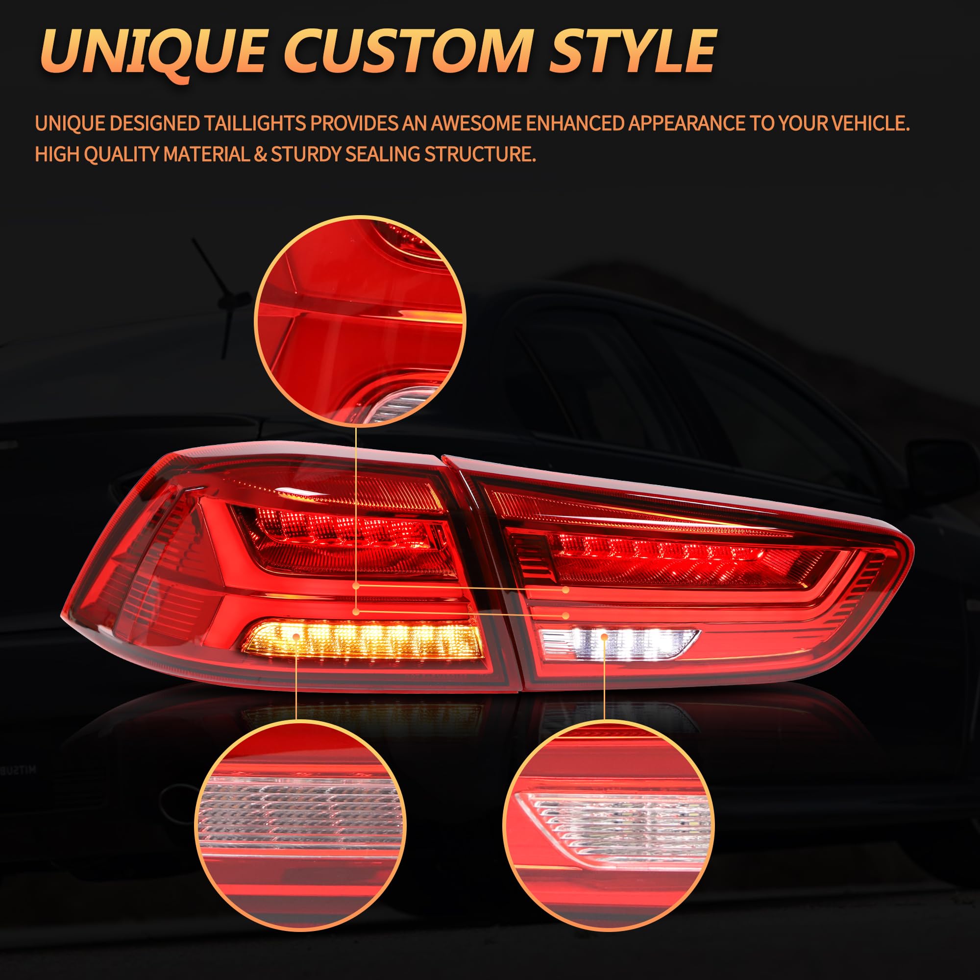 LED Rear Lights compatible with Lancer & EVO X 2008-2020 (Not Fit fortis/io), w/Amber Sequential indicator, Driver & Passenger Side - Red