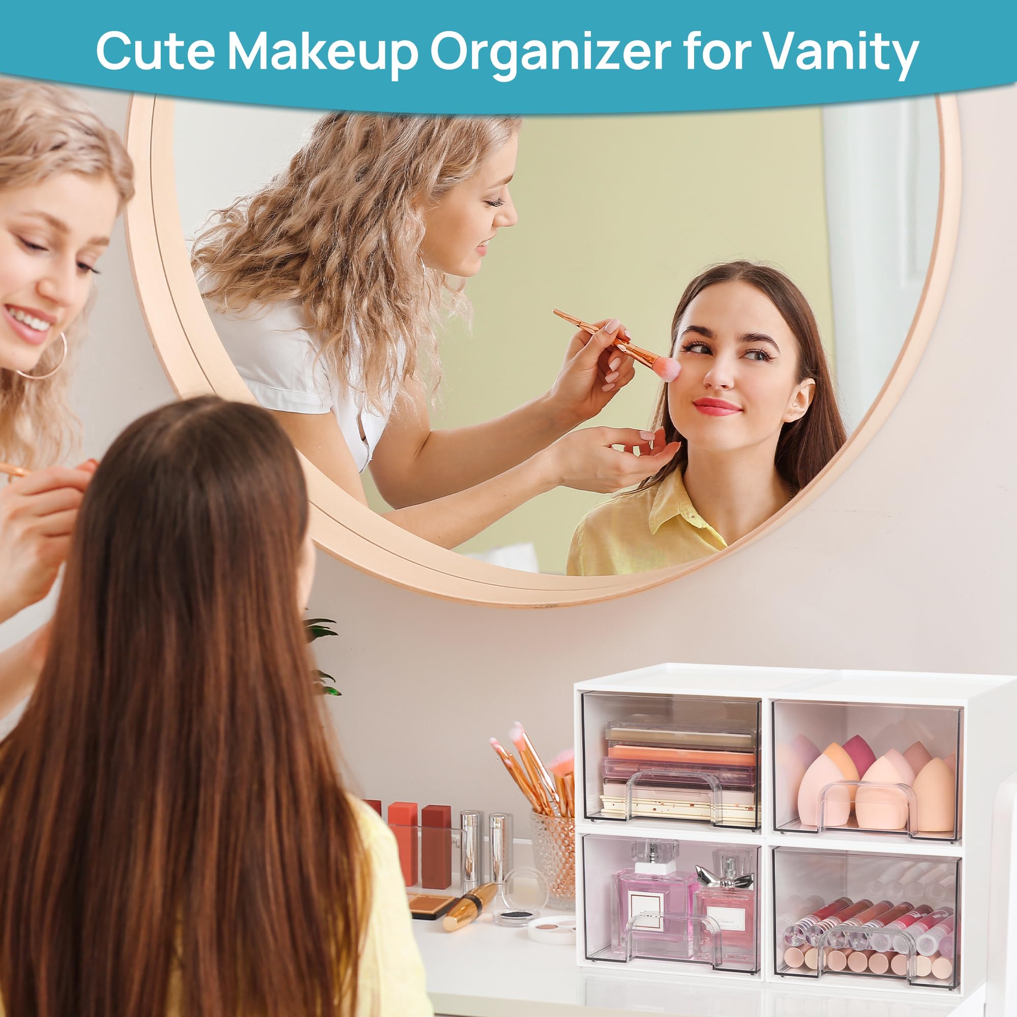 Vtopmart 4 pack Clear Stackable Storage Drawer, 4.4 Inch Tall Acrylic Bathroom Makeup Organiser, Plastic Storage box for Vanity, Under Sink, Kitchen Cupboard, Pantry, Home Organization