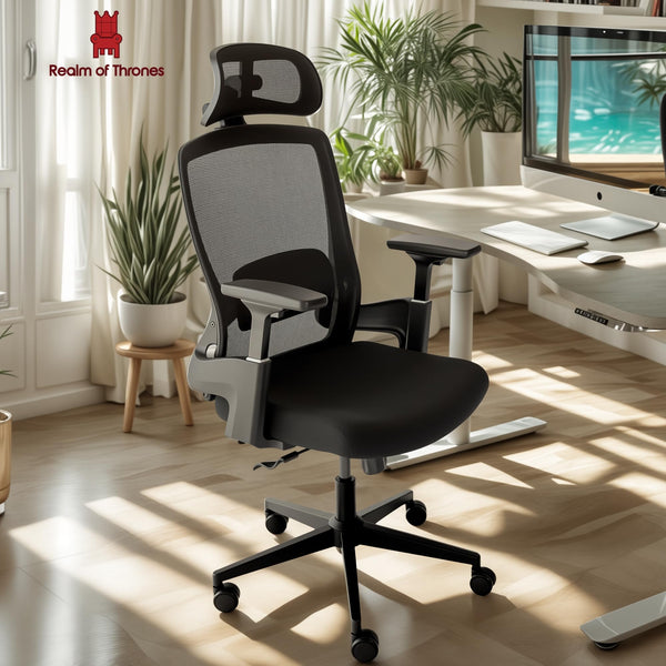 Realm of Thrones CAPTAIN Ergonomic Office Chair for Home, Heavy Duty Steel Base, Versatile Flip-up Armrests, Adjustable Lumbar Support, Mesh Back Comfort Cushion Seat for Computer Desk/Gaming (Black)