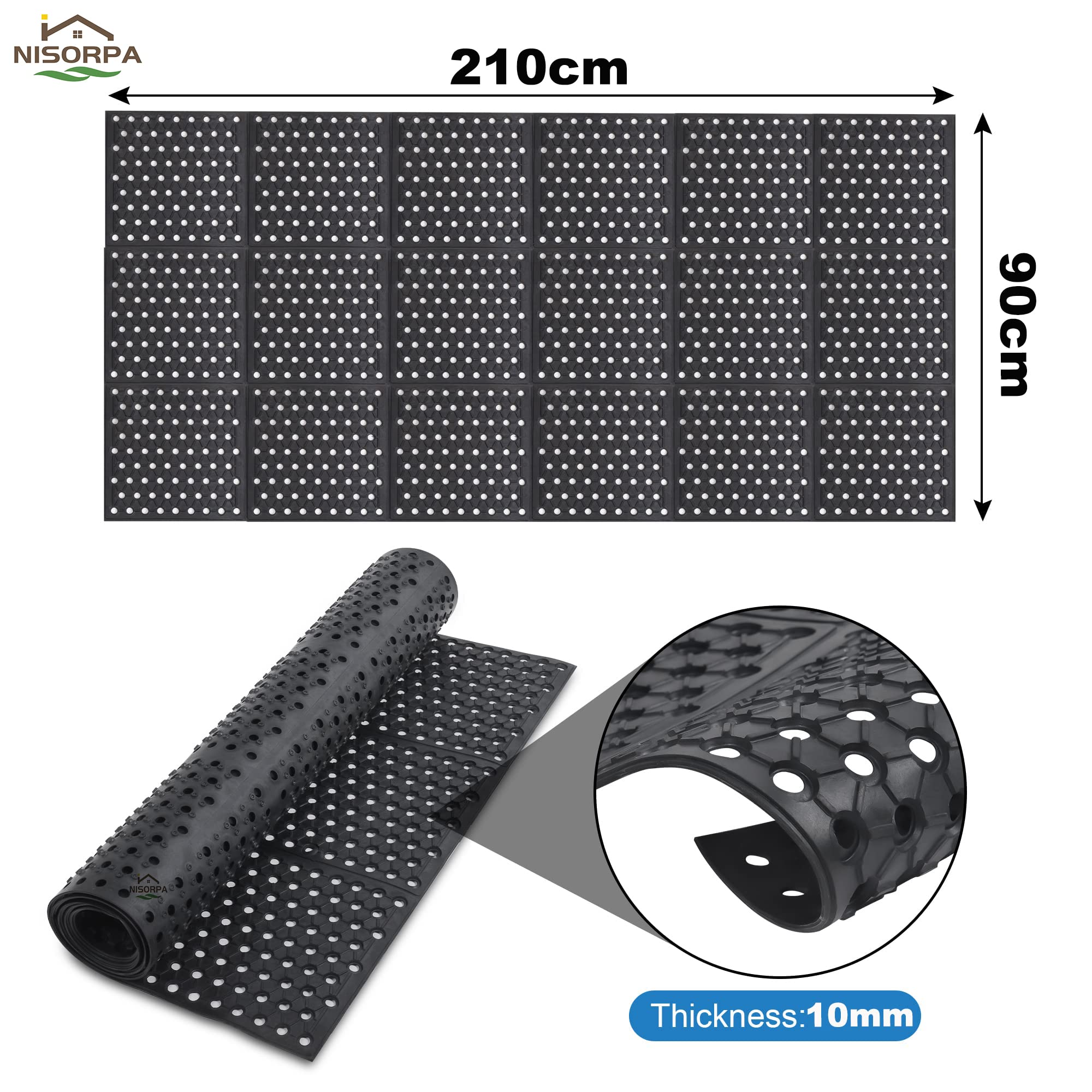 Nisorpa Large Outdoor Entrance Rubber Mats, 90cm x 210cm Heavy duty Rubber Drainage Mat Anti Fatigue Mat Non Slip Commercial Doormat with Drainage