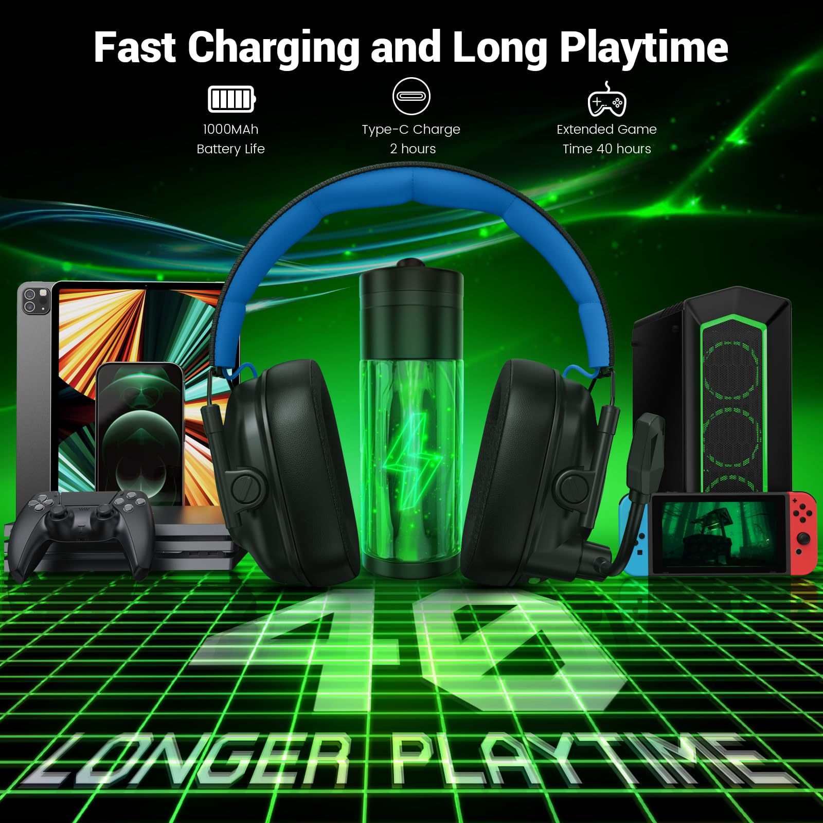 Krysenix KGH2 Wireless Gaming Headset for PS5, PS4, PC, Switch, 2.4GHz Bluetooth Wireless Headphones with Mic, Gaming & Music Dual Mode, ENC, Foldable, Cool LED, 40+ Hrs Battery, White Black