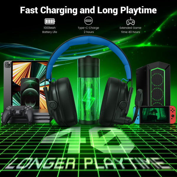 Krysenix KGH2 Wireless Gaming Headset for PS5, PS4, PC, Switch, 2.4GHz Bluetooth Wireless Headphones with Mic, Gaming & Music Dual Mode, ENC, Foldable, Cool LED, 40+ Hrs Battery, White Black