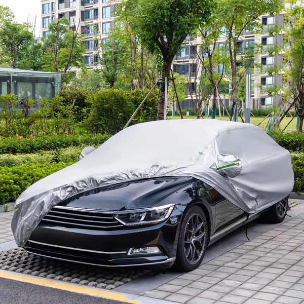 COSTWAY Car Cover Waterproof, Universal Full Car Cover with Zipper Door, Reflective Strips & Storage Bag, All Weather Windproof Snowproof UV Protection (Fit Sedan, Length Up to 190”(482cm))