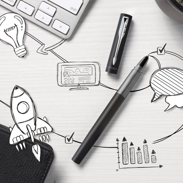 Parker Vector Fountain Pen | Black with Chrome Trim | Medium Nib | Blue Ink | Hangtab