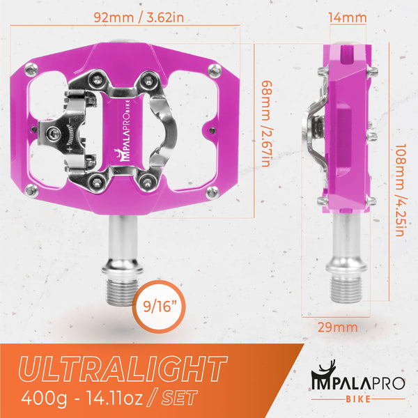 IMPALAPRO - Dual Function Bicycle Pedals 9/16'' Compatible with Shimano - Dual Platform MTB Flat and SPD Clipless Pedals (Pink)