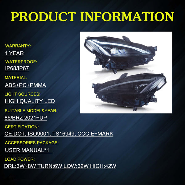 VLAND LED Tail Lights Compatible with Toyota 86 GT86 2012-2020/Subaru BRZ 2013-2020/Scion FR-S 2013-2020, Full LED Rear Light with Sequential Indicator, Red White Lens