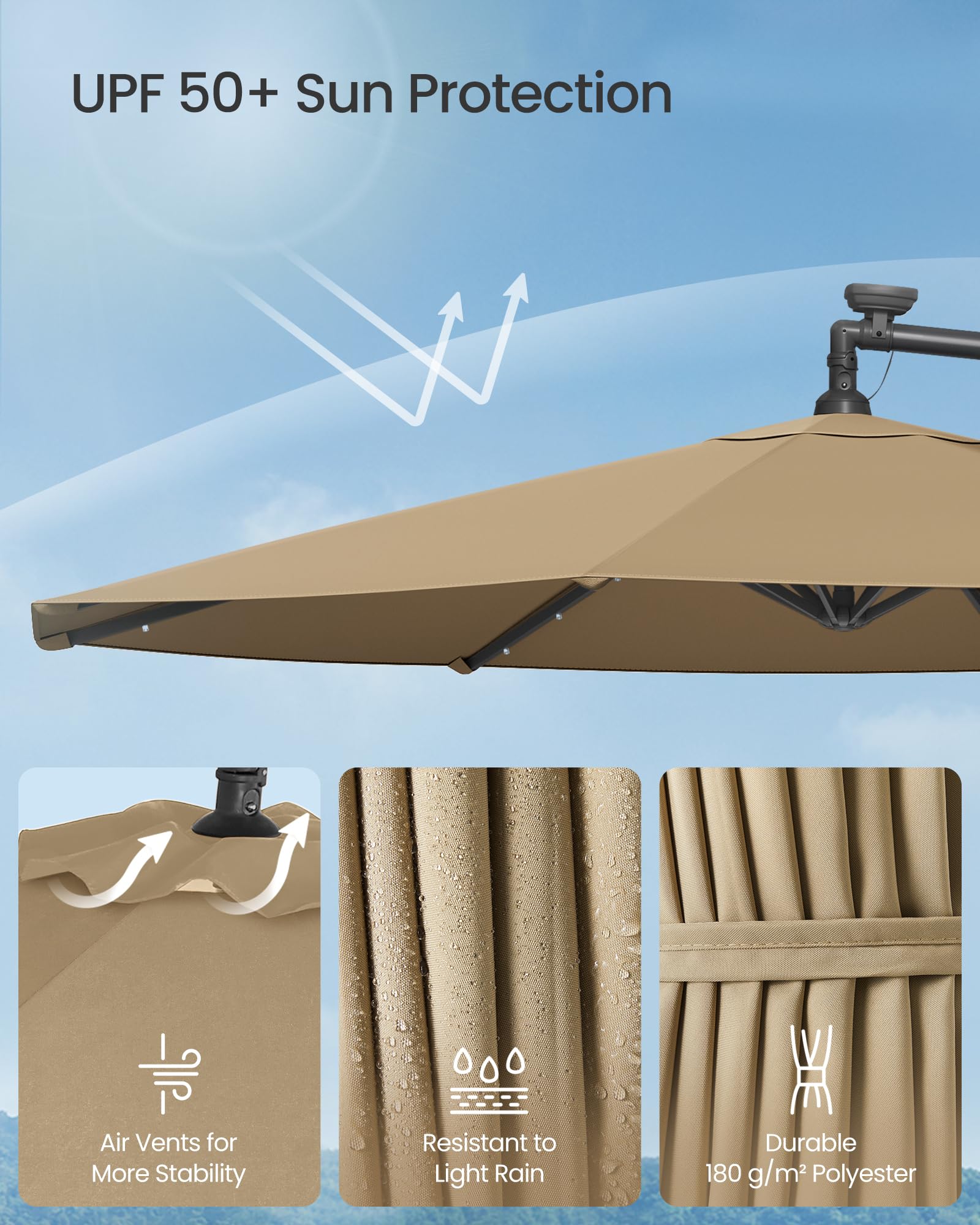 SONGMICS Cantilever Garden Parasol with Solar-Powered LED Lights, 3 m Banana Patio Umbrella with Base, Crank for Opening Closing, Sunshade with Protection UPF 50+, Beige GPU118M01